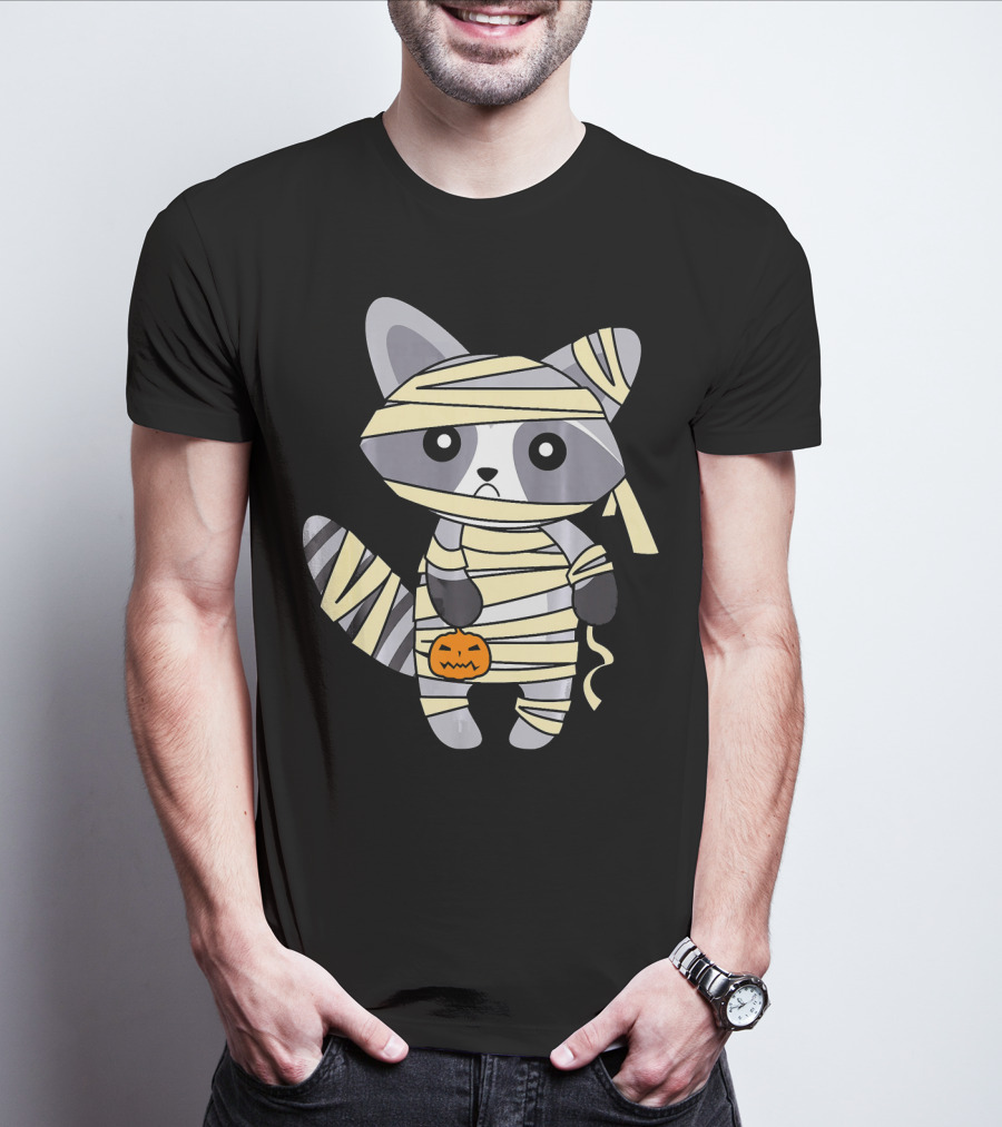Mummy Raccoon Halloween With Jack-O'-Lantern T-Shirt