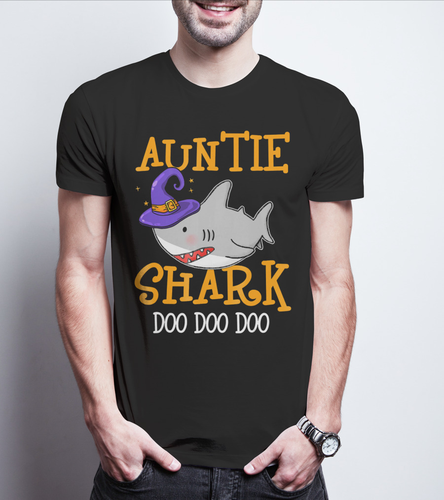 Auntie Shark Doo Doo Doo Funny Halloween With Witch Hat T-Shirt