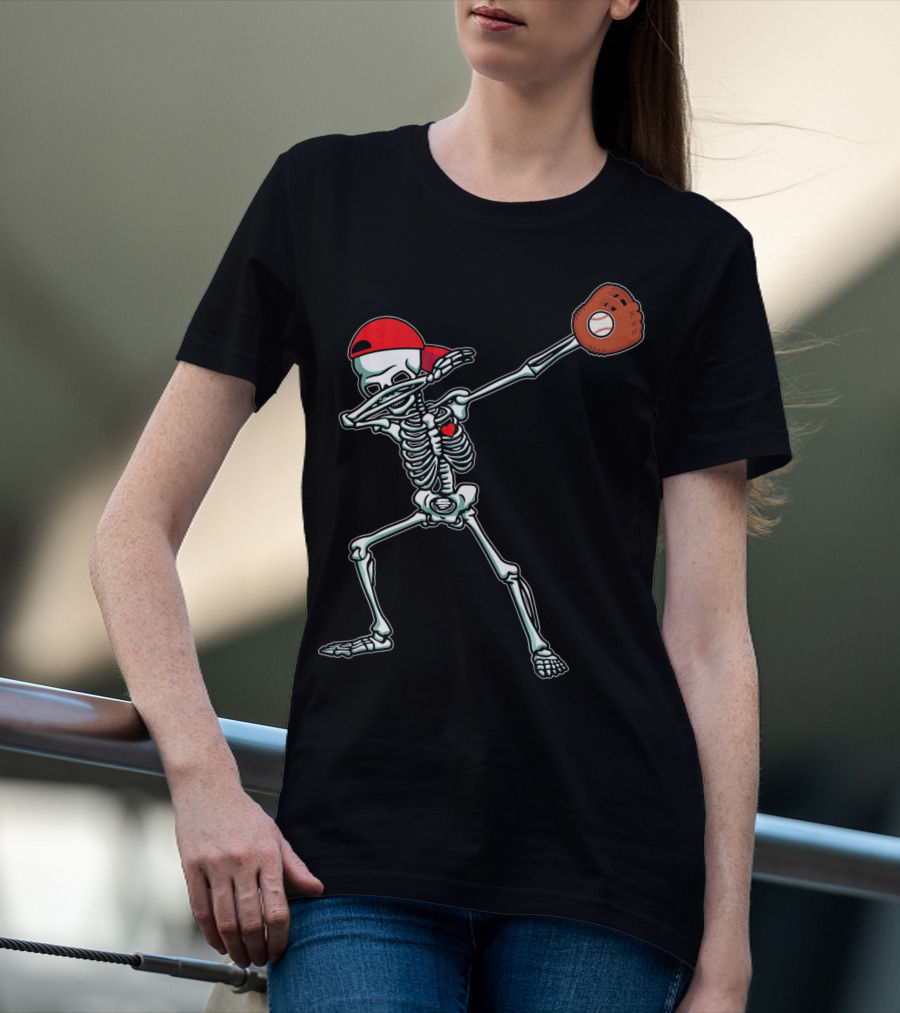 Dabbing Skeleton Baseball Dab Hi Red Cap Glove T-Shirt