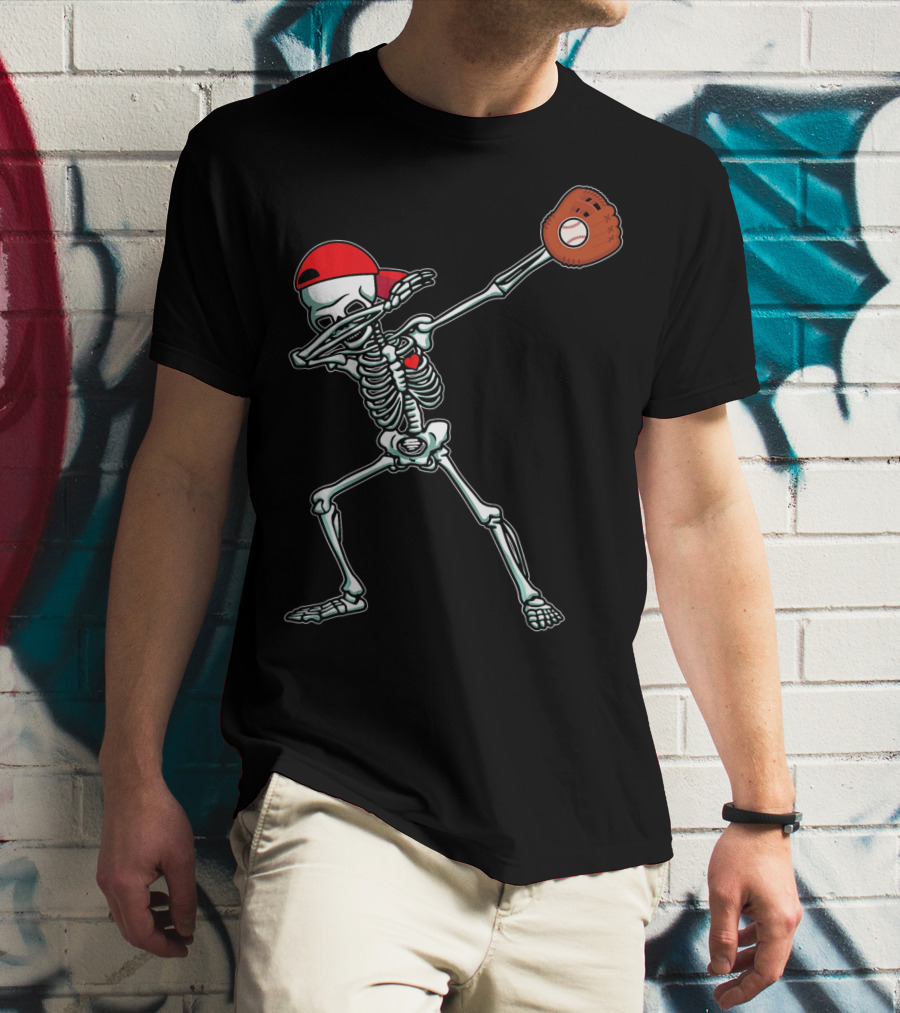 Dabbing Skeleton Baseball Dab Hi Red Cap Glove T-Shirt