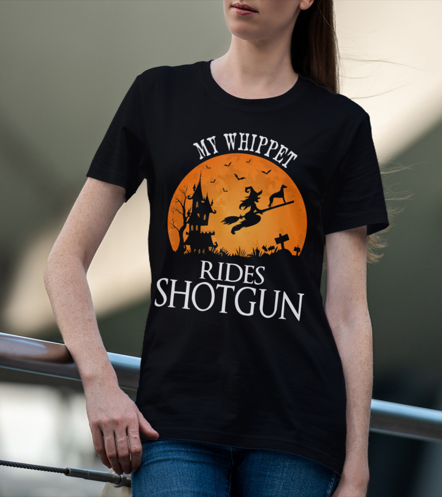 My Whippet Rides Shotgun Witch Broomstick Halloween Scene T-Shirt