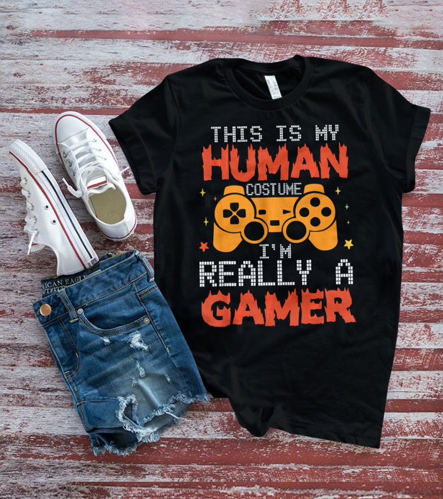 This Is My Human Costume I'm Really A Gamer Controller Pixel Text T-Shirt