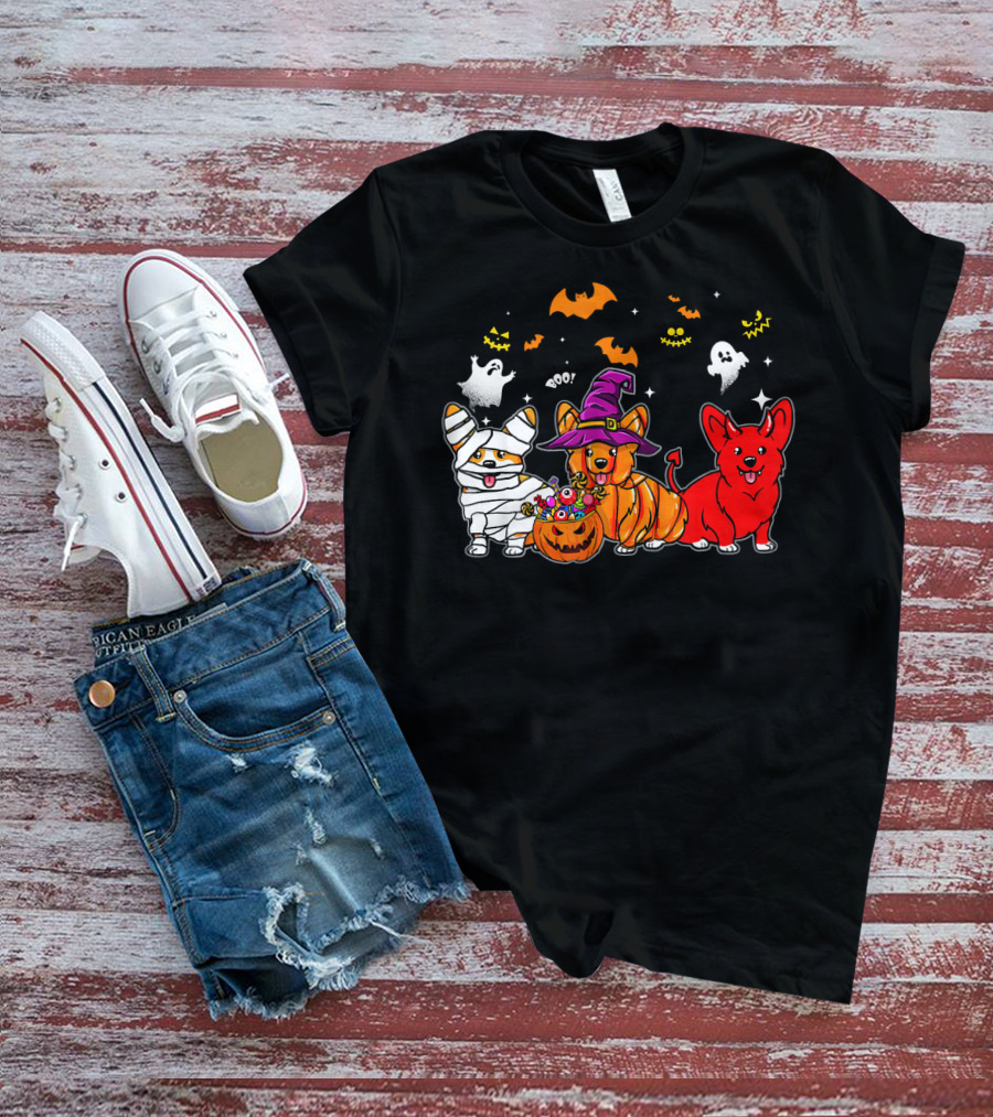 Corgi Dog Halloween Ghosts Pumpkins Mummy Witch T-Shirt