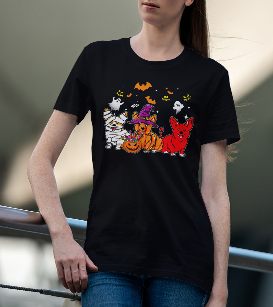 Corgi Dog Halloween Ghosts Pumpkins Mummy Witch T-Shirt