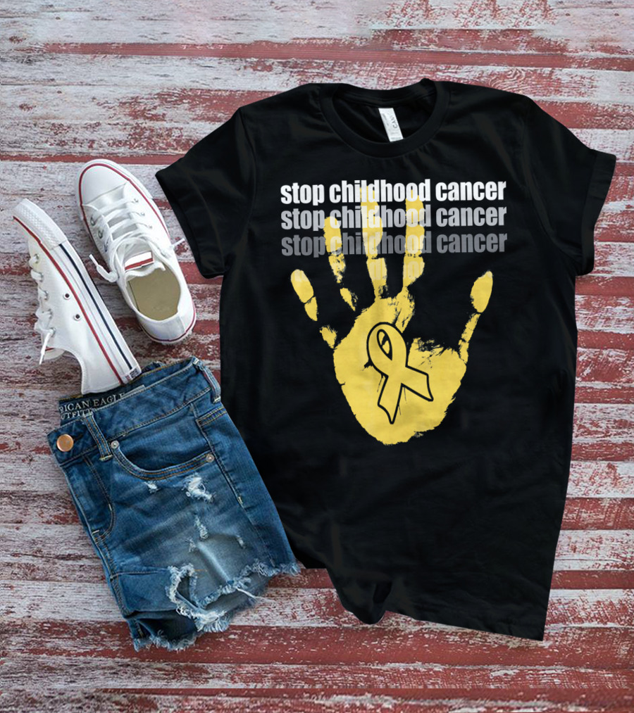Stop Childhood Cancer Yellow Handprint Ribbon Awareness T-Shirt