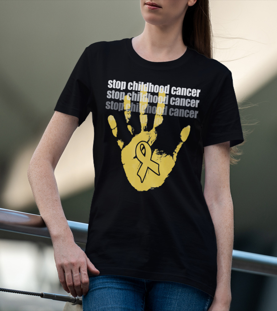 Stop Childhood Cancer Yellow Handprint Ribbon Awareness T-Shirt