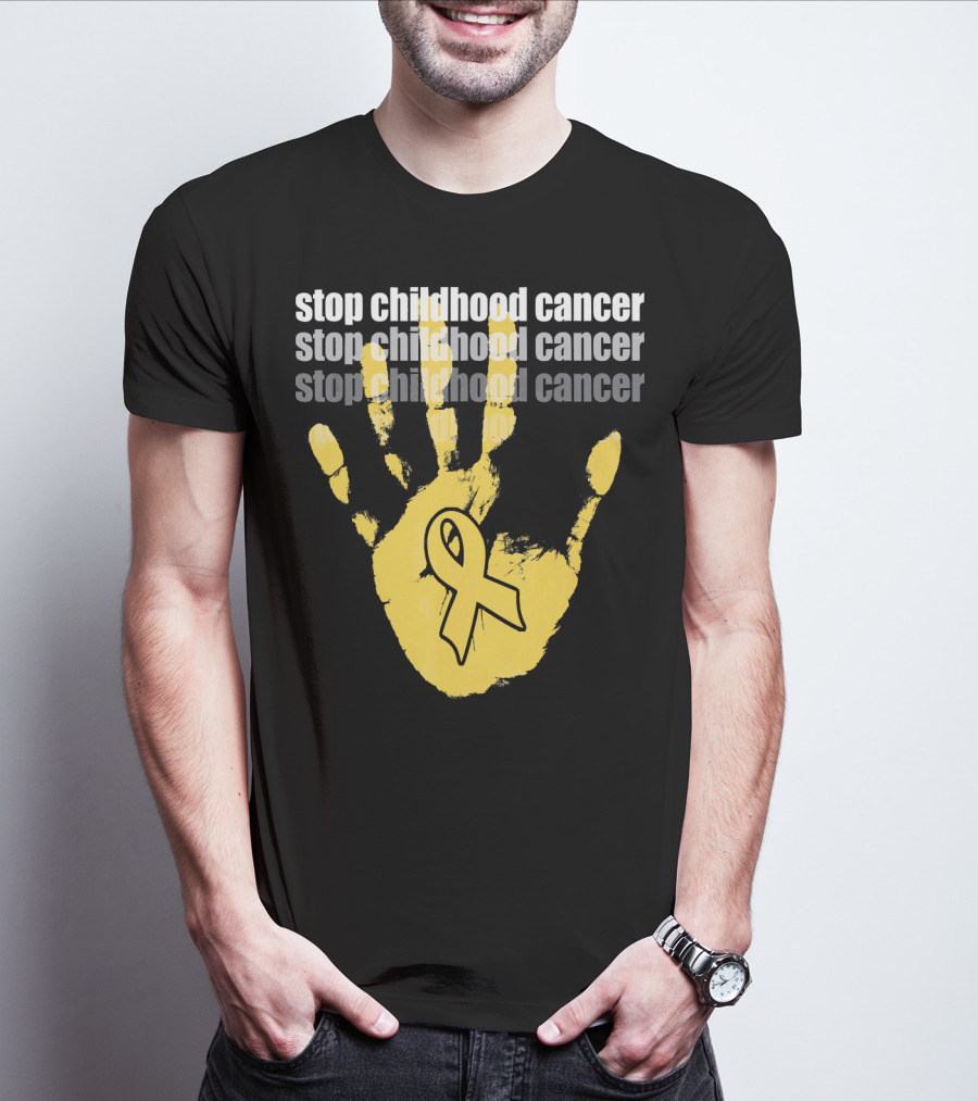 Stop Childhood Cancer Yellow Handprint Ribbon Awareness T-Shirt