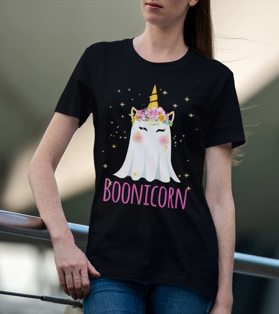 BooNicorn Unicorn Ghost With Flowers And Stars Halloween For Girl T-Shirt