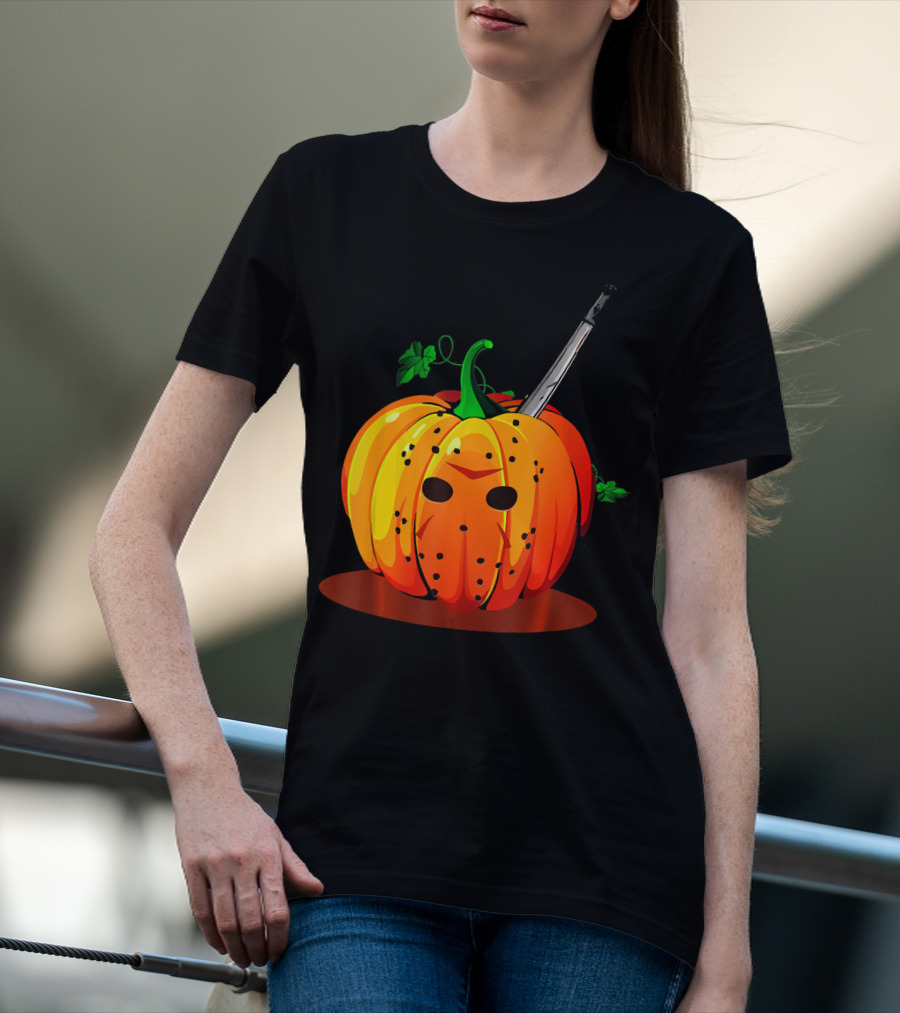 Horror Pumpkin Halloween Scary Face Knife T-Shirt