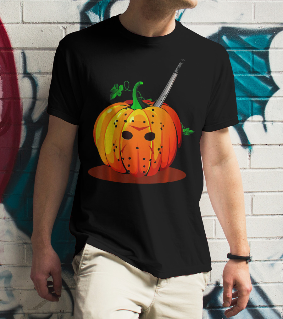 Horror Pumpkin Halloween Scary Face Knife T-Shirt