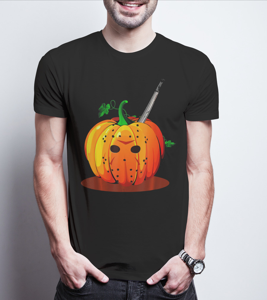 Horror Pumpkin Halloween Scary Face Knife T-Shirt