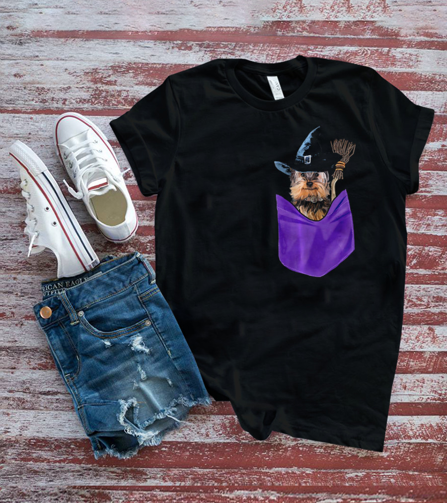 Yorkie Witch In Pocket With Broomstick T-Shirt