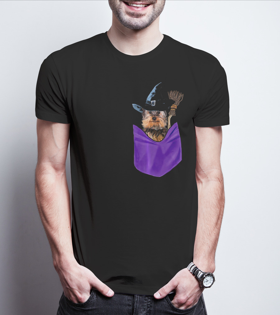 Yorkie Witch In Pocket With Broomstick T-Shirt