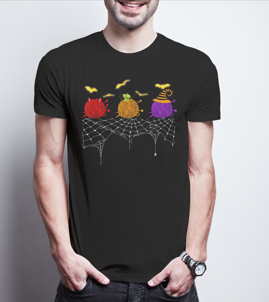 Halloween Knitting Yarn Lovers With Spiderweb And Bats T-Shirt