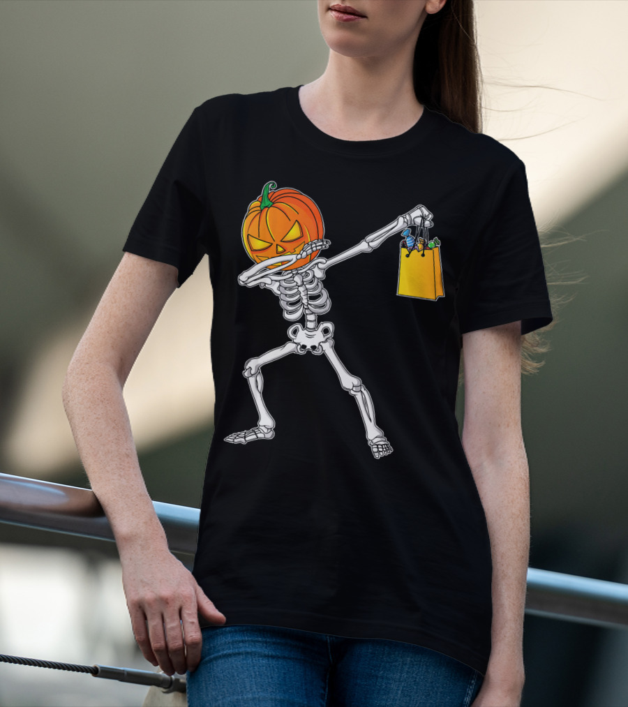 Halloween Kids Pumpkin Skeleton Dabbing With Candy Bag T-Shirt