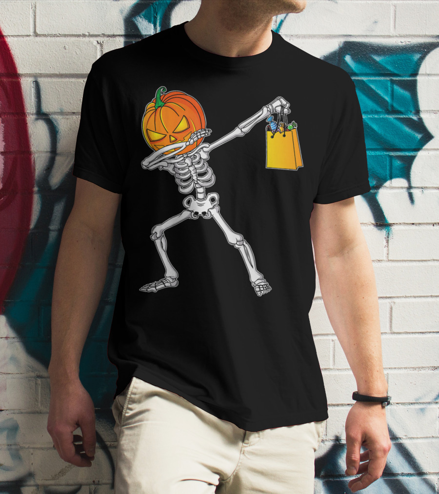Halloween Kids Pumpkin Skeleton Dabbing With Candy Bag T-Shirt
