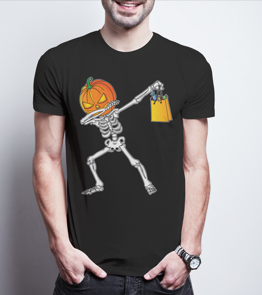 Halloween Kids Pumpkin Skeleton Dabbing With Candy Bag T-Shirt