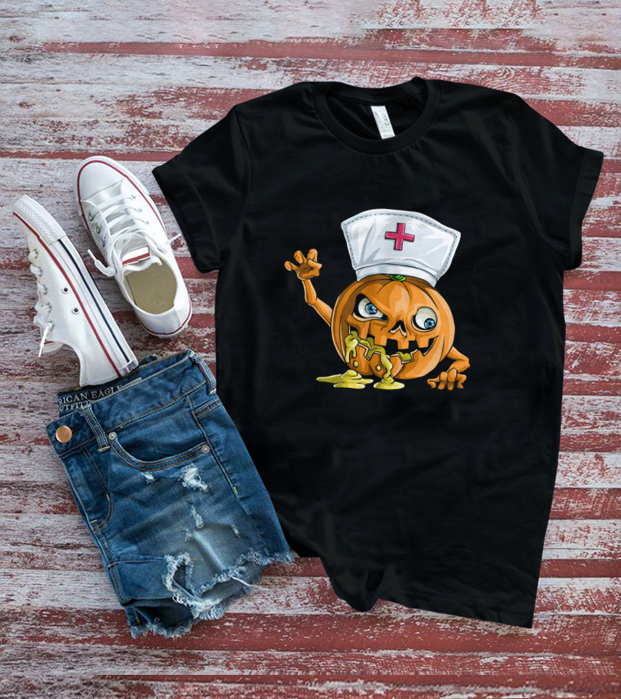 Zombie Pumpkin Nurse Funny Halloween Horror T-Shirt