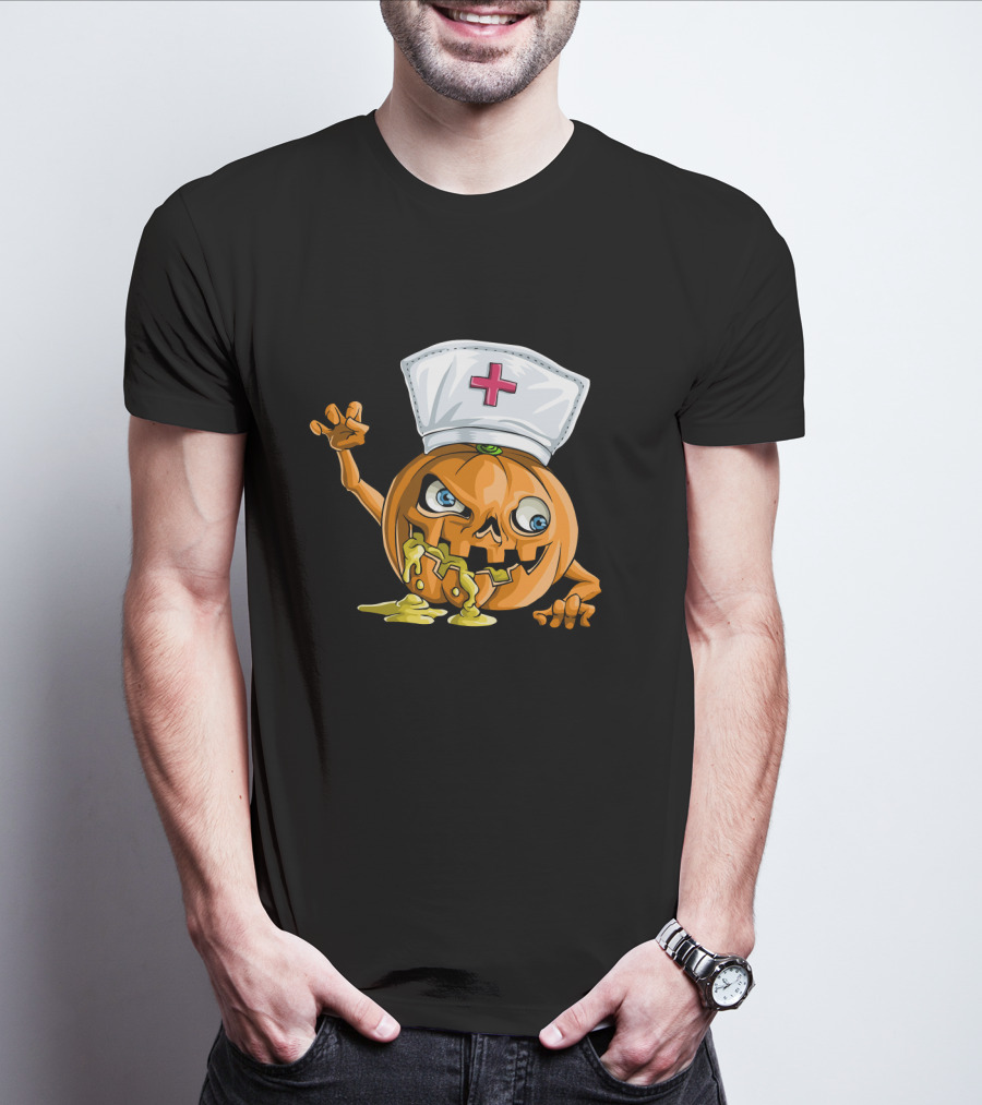 Zombie Pumpkin Nurse Funny Halloween Horror T-Shirt