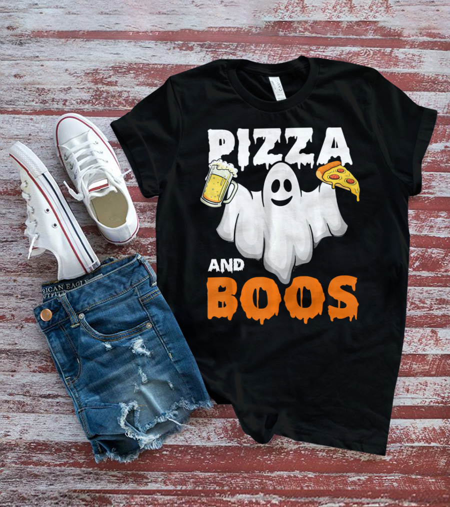 Pizza And Boos Ghost Holding Beer And Pizza Slice Halloween Funny Ghost Drinking Beer T-Shirt