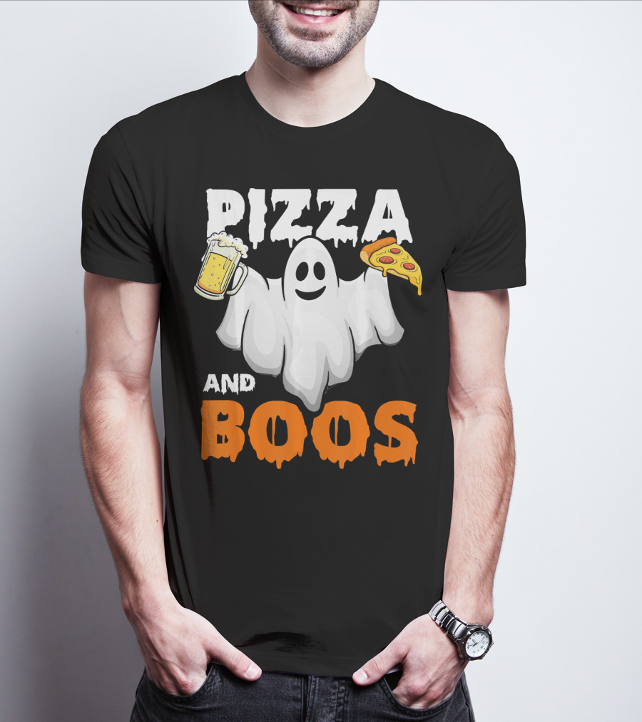 Pizza And Boos Ghost Holding Beer And Pizza Slice Halloween Funny Ghost Drinking Beer T-Shirt