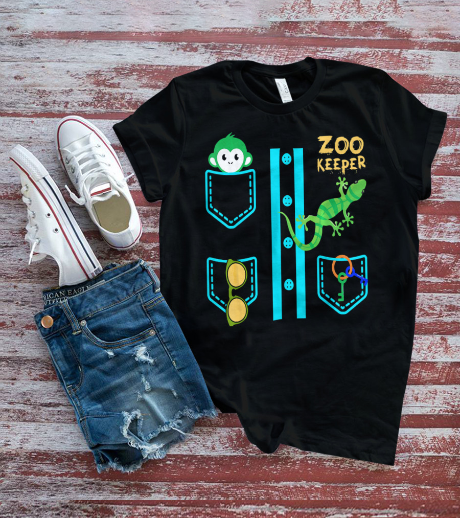 Zoo Keeper Costume Halloween Monkey Lizard Pockets Keys Glasses T-Shirt