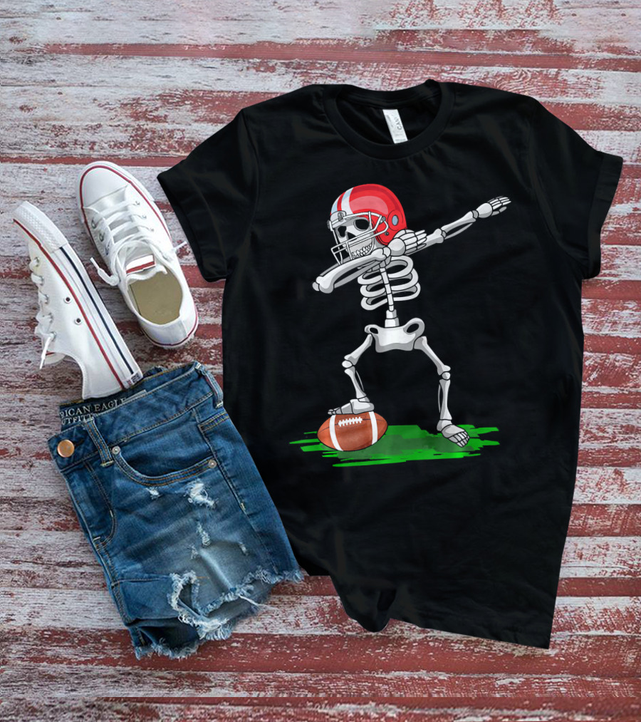 Dabbing Skeleton With Football And Red Helmet For Halloween T-Shirt
