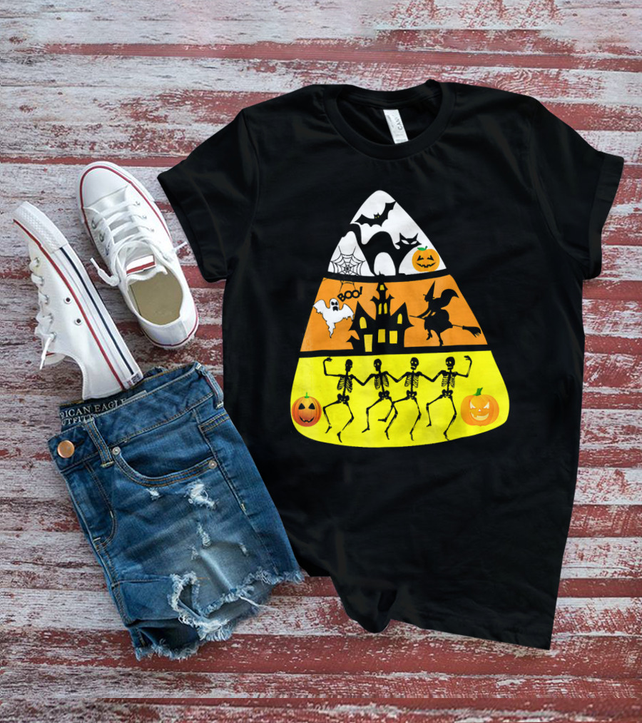 Candy Corn Halloween Scene Witch Skeletons Pumpkins Ghost Bats Haunted House Boo T-Shirt