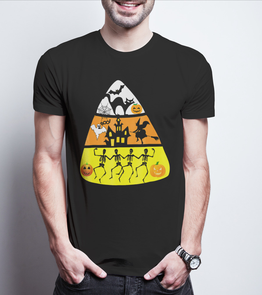 Candy Corn Halloween Scene Witch Skeletons Pumpkins Ghost Bats Haunted House Boo T-Shirt