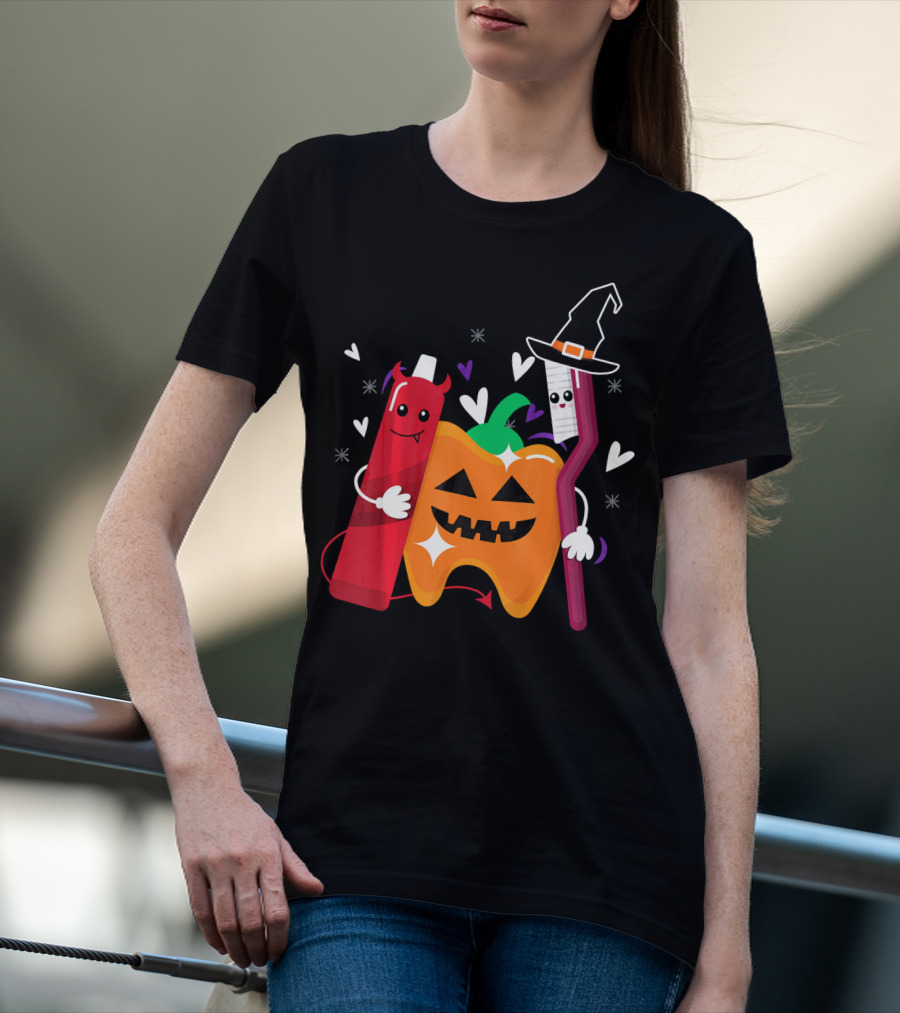 Happy Halloween Costume Toothbrush Tooth With Pumpkin And Toothpaste Characters T-Shirt