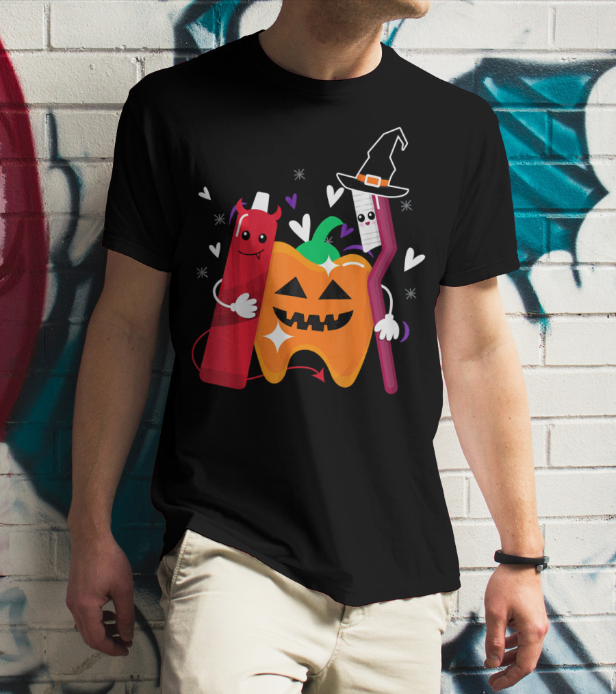 Happy Halloween Costume Toothbrush Tooth With Pumpkin And Toothpaste Characters T-Shirt