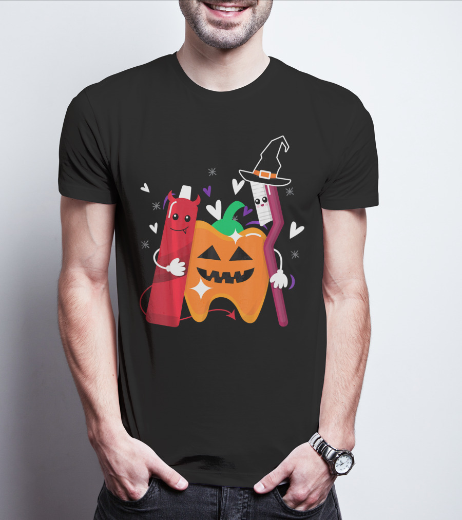 Happy Halloween Costume Toothbrush Tooth With Pumpkin And Toothpaste Characters T-Shirt