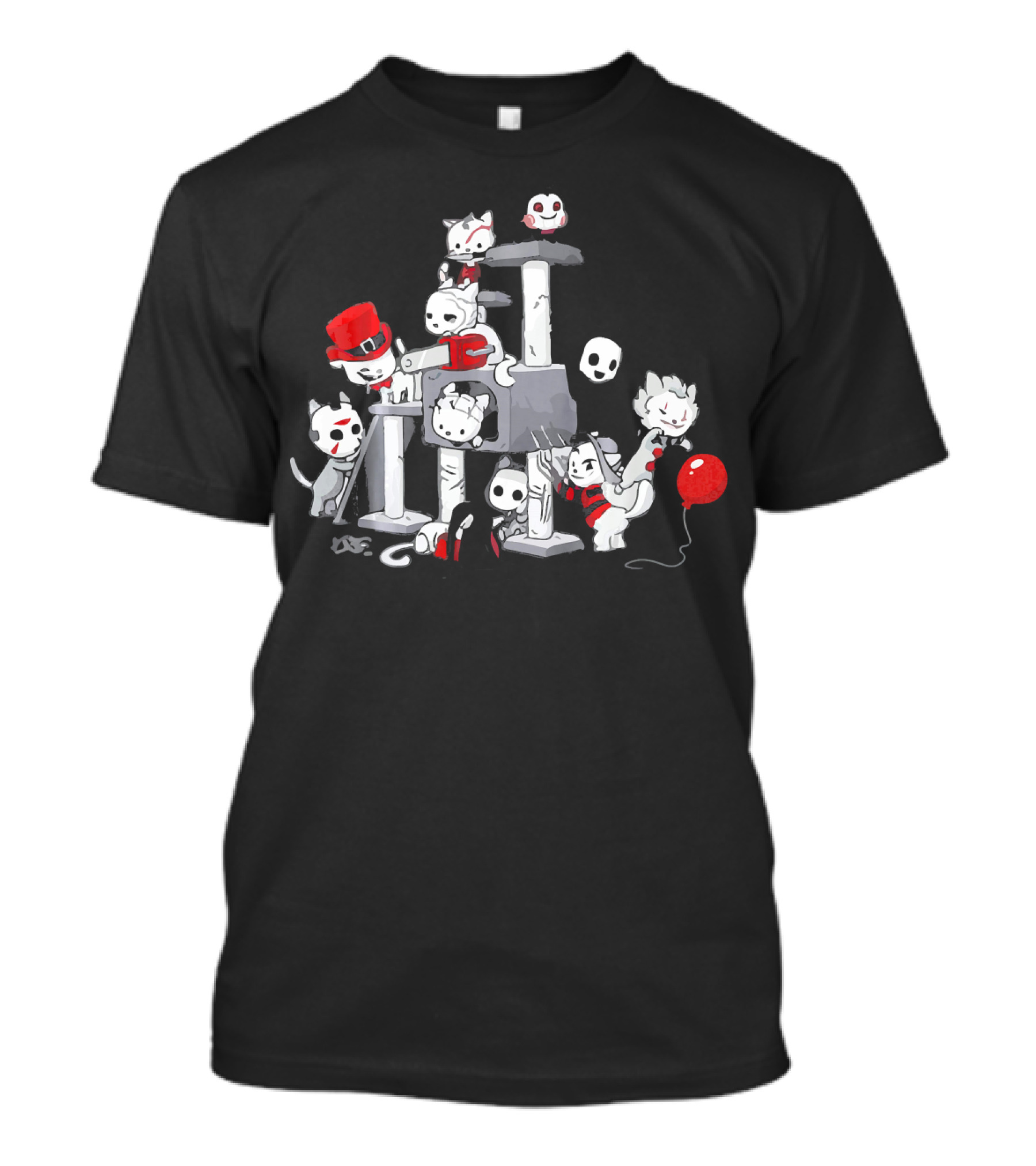 I Love Cats Horror Kitties Climbing Tower With Skull Mask Red Balloon And Top Hat T-Shirt