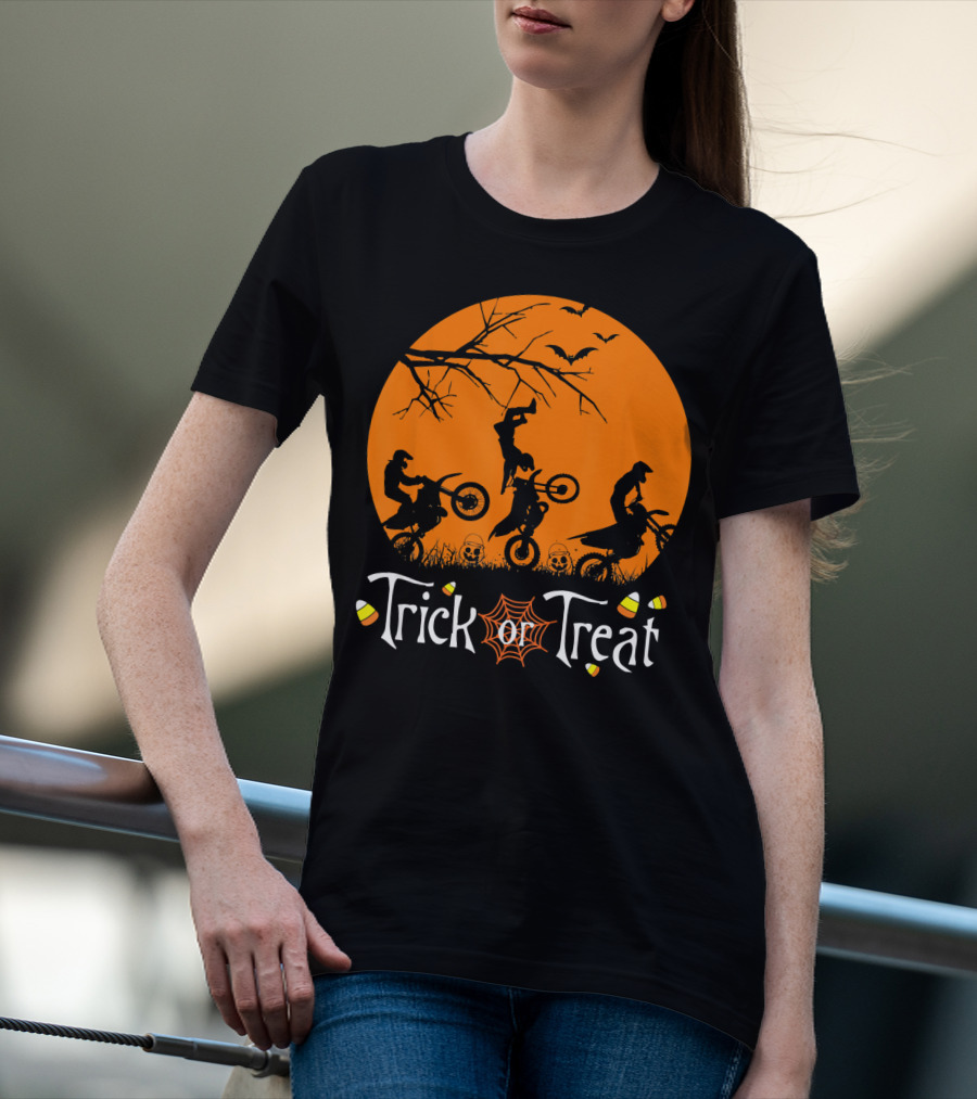 Motocross Halloween Trick Or Treat Moon Scene T-Shirt