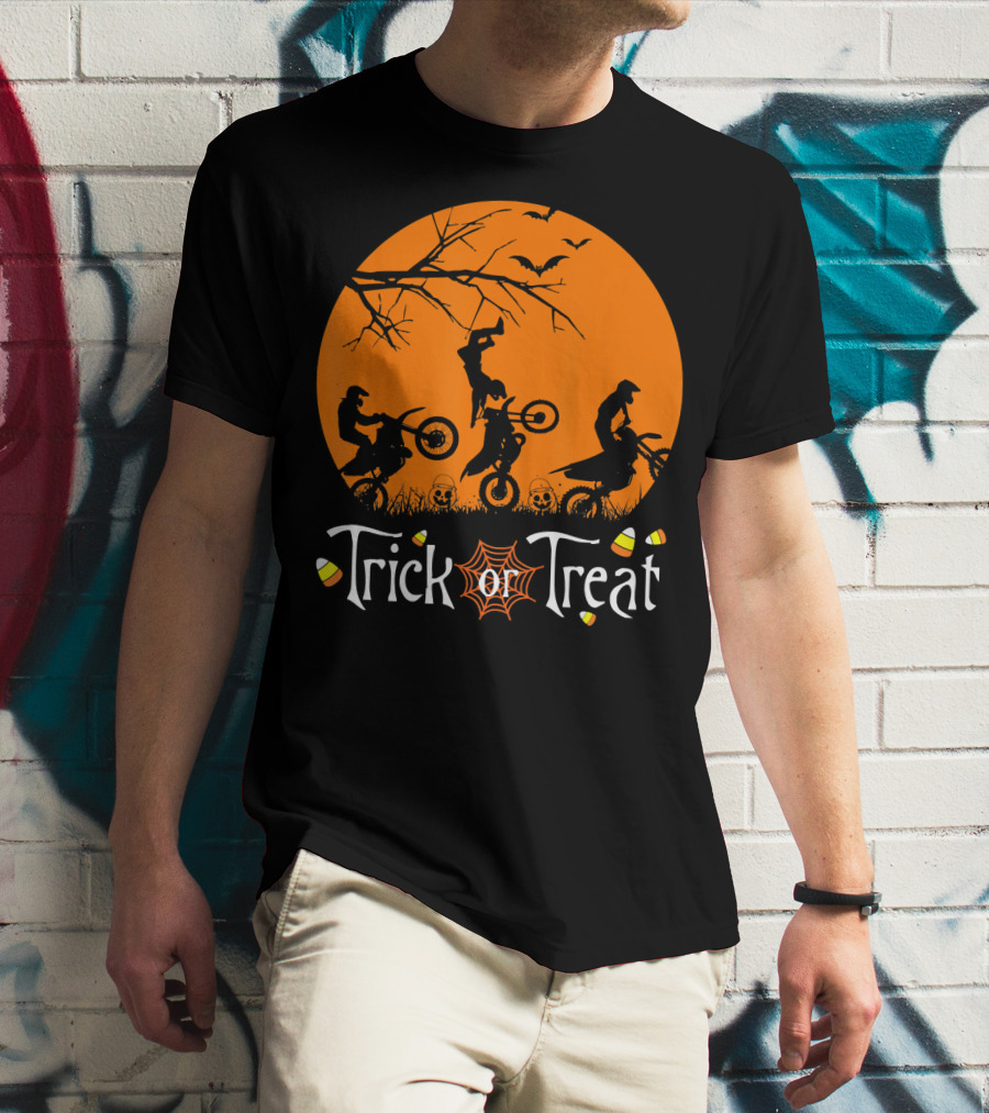 Motocross Halloween Trick Or Treat Moon Scene T-Shirt