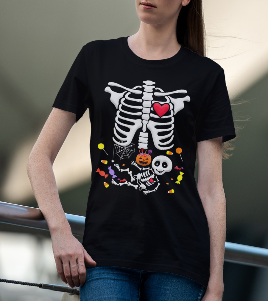 Pregnant Skeleton Heart Candy Pumpkin Halloween T-Shirt