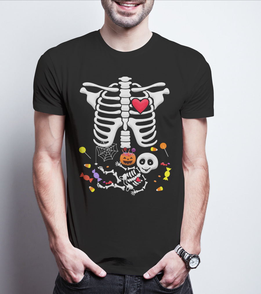 Pregnant Skeleton Heart Candy Pumpkin Halloween T-Shirt