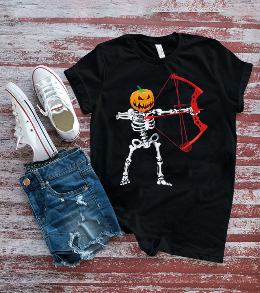 Skeleton Pumpkin Head With Red Bow Archery Halloween T-Shirt