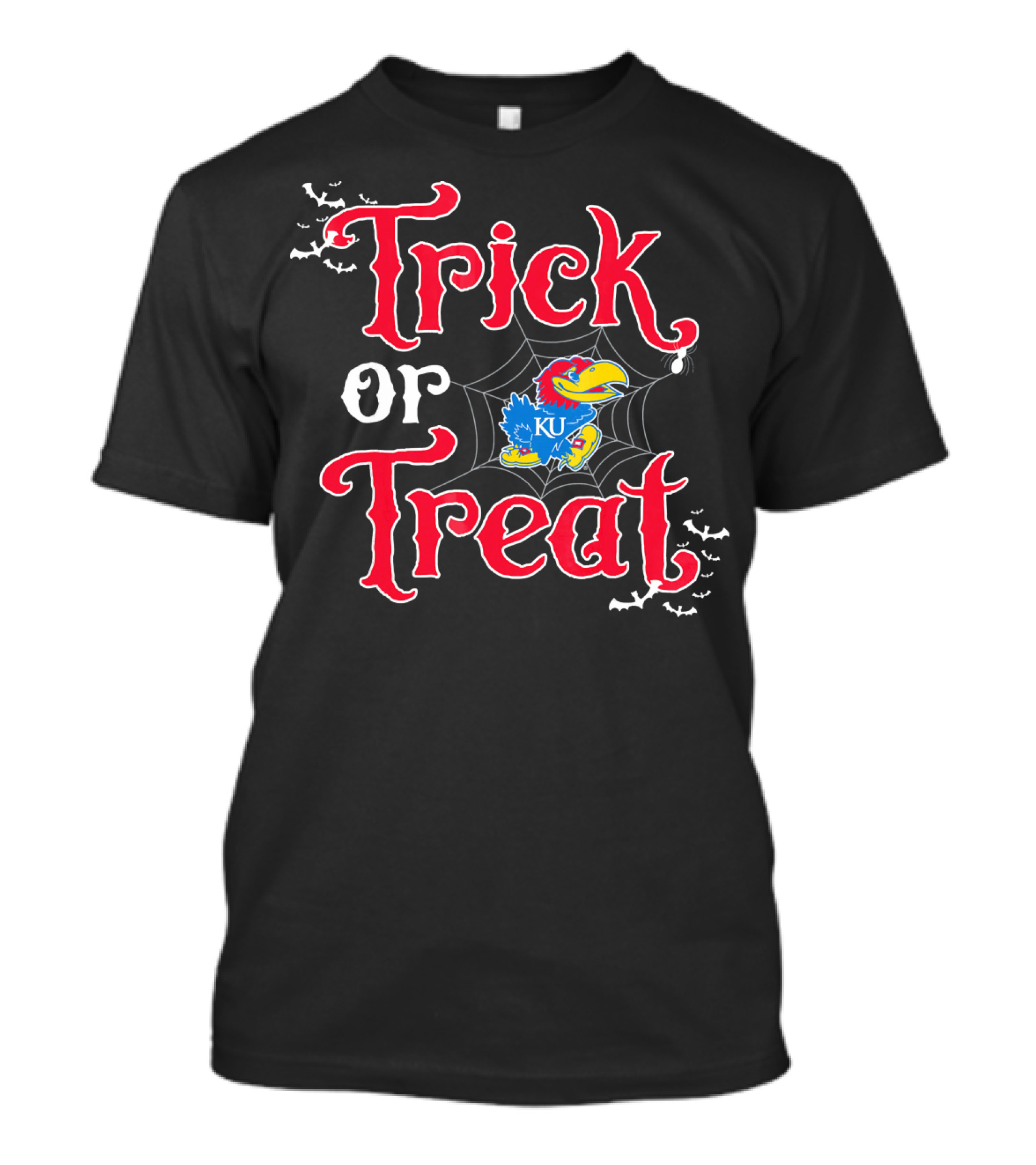 Kansas Jayhawks Trick Or Treat Halloween KU Logo Spiderweb Bats T-Shirt