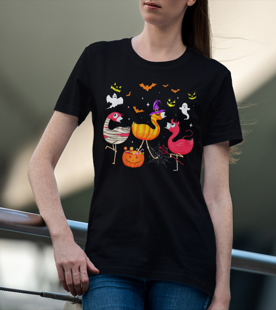 Flamingo Happy Halloween Ghosts And Pumpkins T-Shirt