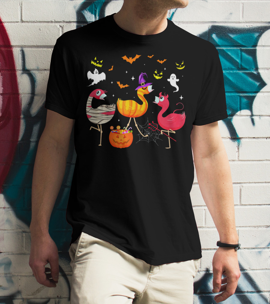 Flamingo Happy Halloween Ghosts And Pumpkins T-Shirt