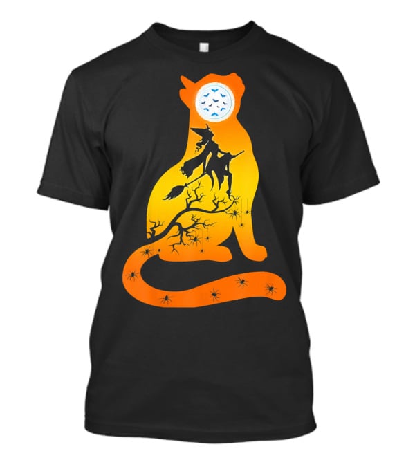 Funny Cat Witch Flying Under Bat Moon With Spooky Webs T-Shirt