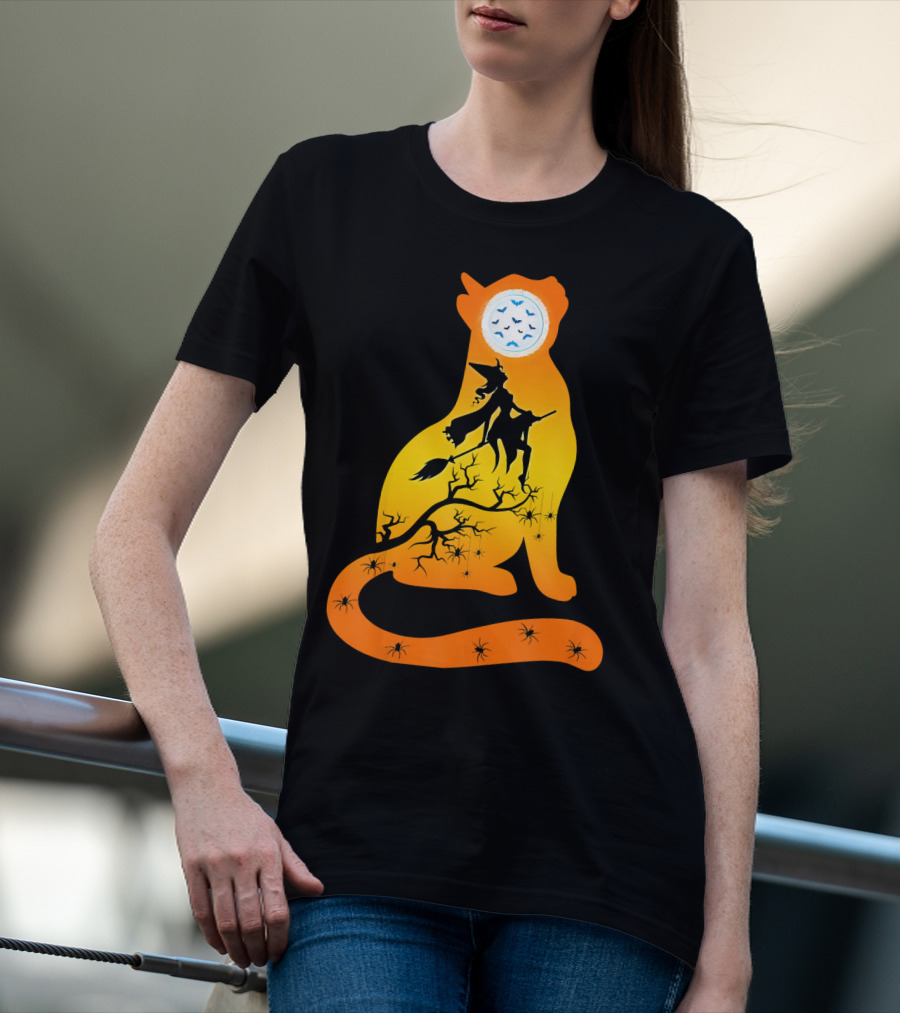 Funny Cat Witch Flying Under Bat Moon With Spooky Webs T-Shirt