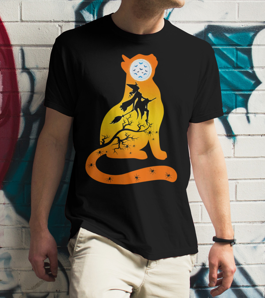 Funny Cat Witch Flying Under Bat Moon With Spooky Webs T-Shirt