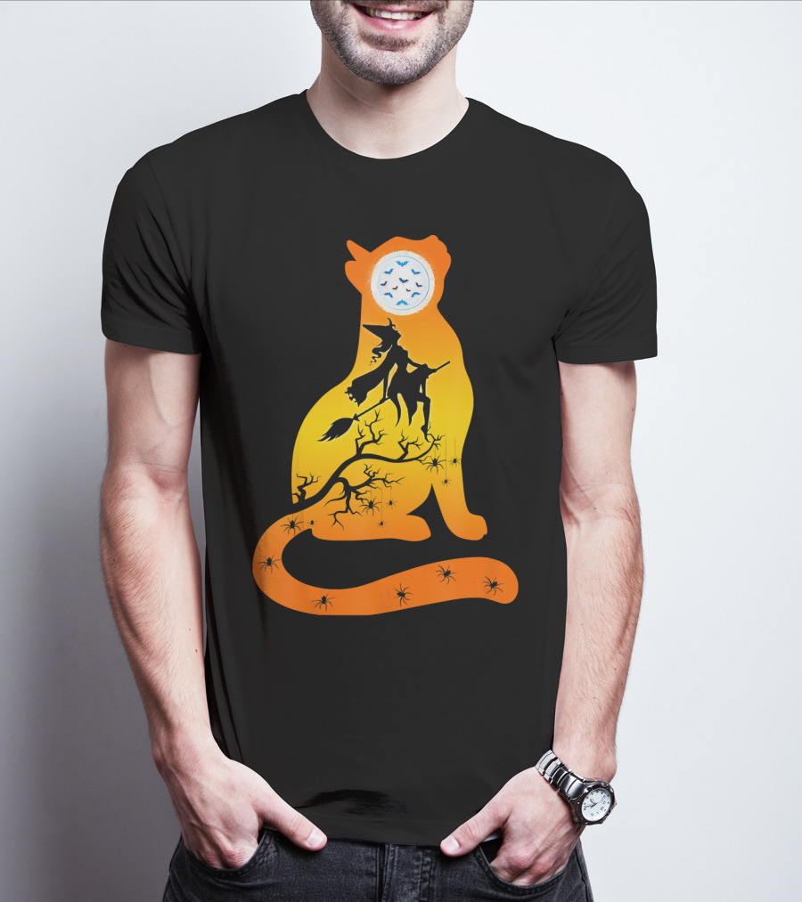 Funny Cat Witch Flying Under Bat Moon With Spooky Webs T-Shirt