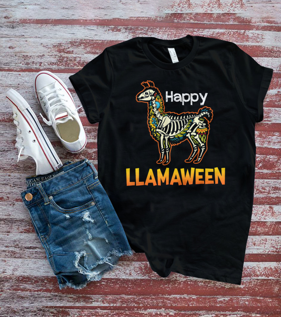 Happy Llamaween Funny Llama Skeleton Halloween T-Shirt
