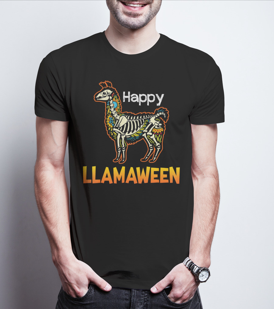 Happy Llamaween Funny Llama Skeleton Halloween T-Shirt
