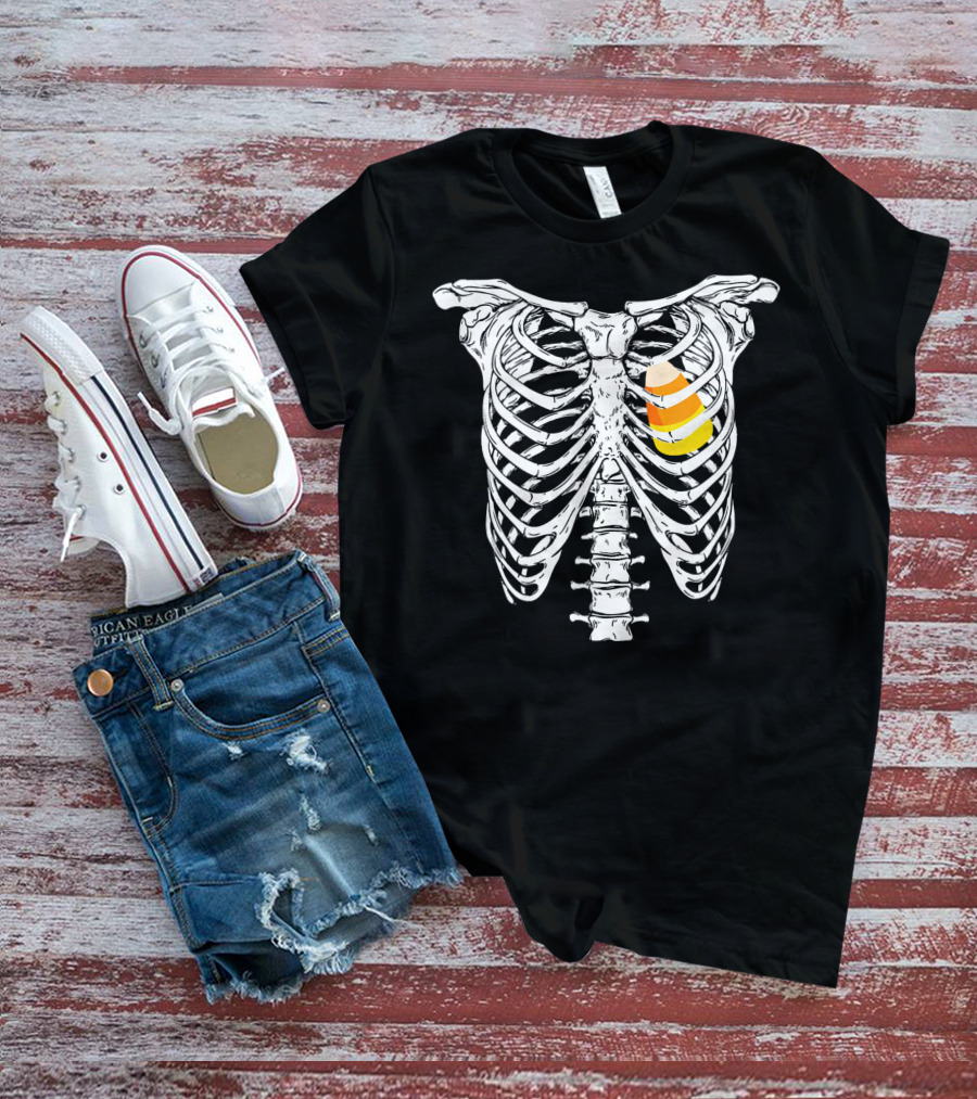 Candy Corn Inside Skeleton Ribs Halloween Humor T-Shirt