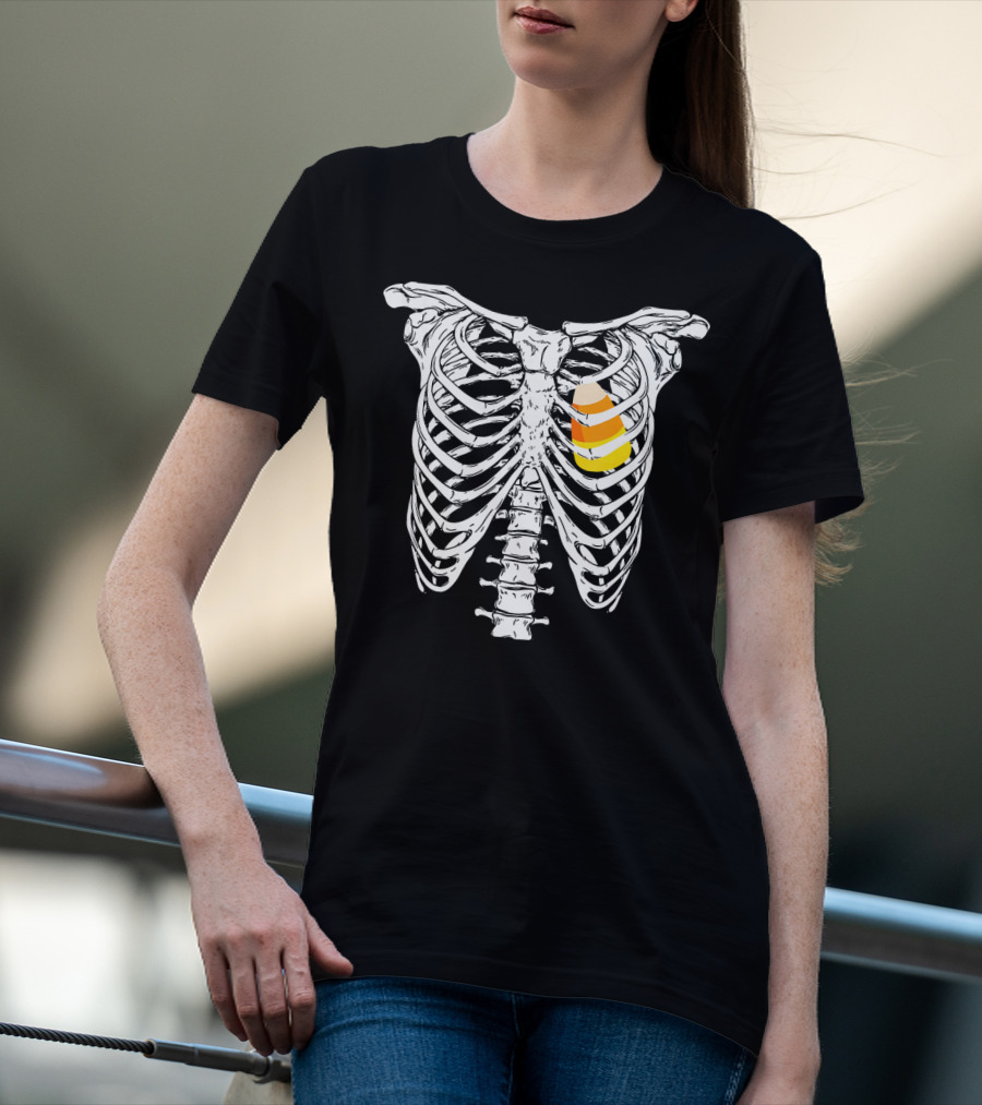 Candy Corn Inside Skeleton Ribs Halloween Humor T-Shirt
