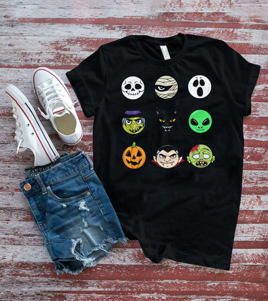 Scary Faces Halloween Emoji Emoji Icons Vampire Mummy Alien Ghost Pumpkin Monster Cat Witch T-Shirt